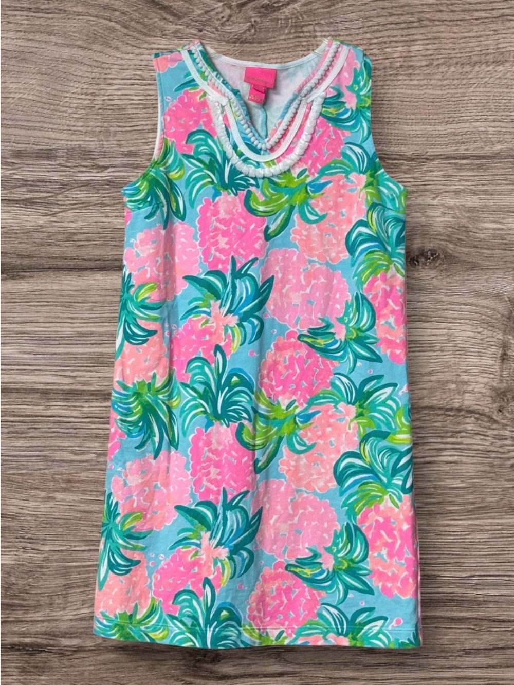 EUC Lilly Pulitzer Girls Mini Harper Shift Dress, pineapple shake print